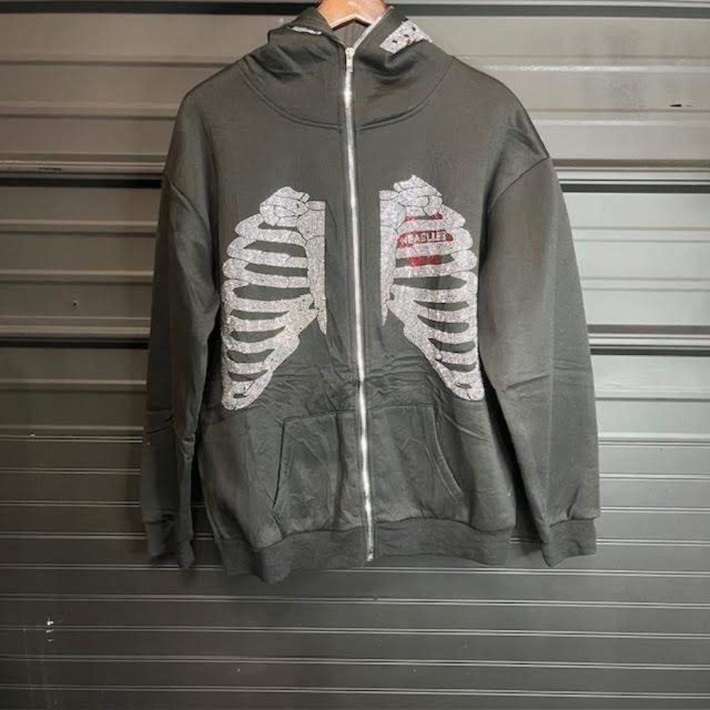 Skeleton Rib Cage Zip Up‎ Hoodie Rhinestone Skull Jacket Womenswear